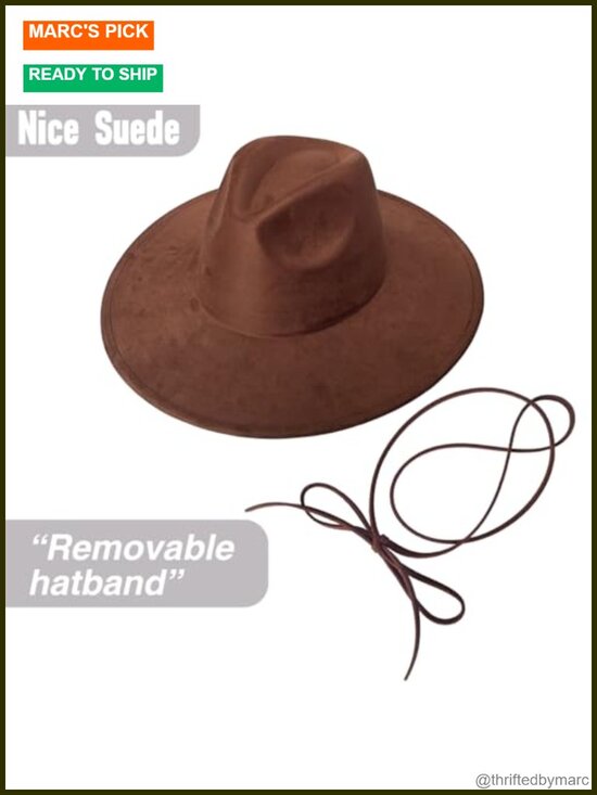 Classic Wide Brim Fedora Hat Suede Adjustable Strap main image 6